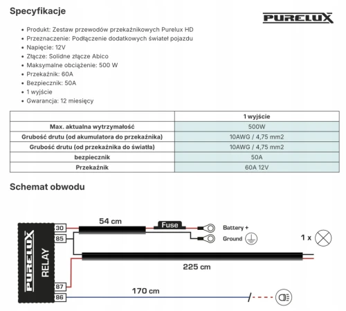 Wiązka przewodów z przekaźnikiem - Purelux HD, 12V, 500W